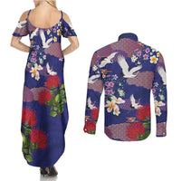 Hawaiian and Japanese Culture Together Couples Matching Summer Maxi Dress and Long Sleeve Button Shirt Blue Ohia Lehua Plumeria and Sakura Blooming LT03 - Polynesian Pride