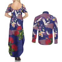 Hawaiian and Japanese Culture Together Couples Matching Summer Maxi Dress and Long Sleeve Button Shirt Blue Ohia Lehua Plumeria and Sakura Blooming - Polynesian Pride