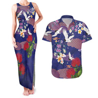 Hawaiian and Japanese Culture Together Couples Matching Tank Maxi Dress and Hawaiian Shirt Blue Ohia Lehua Plumeria and Sakura Blooming LT03 Blue - Polynesian Pride