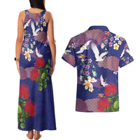 Hawaiian and Japanese Culture Together Couples Matching Tank Maxi Dress and Hawaiian Shirt Blue Ohia Lehua Plumeria and Sakura Blooming - Polynesian Pride
