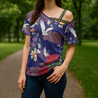 Hawaiian and Japanese Culture Together Cross Shoulder Shirt Blue Ohia Lehua Plumeria and Sakura Blooming LT03 - Polynesian Pride
