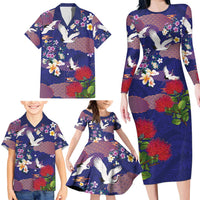 Hawaiian and Japanese Culture Together Family Matching Long Sleeve Bodycon Dress and Hawaiian Shirt Blue Ohia Lehua Plumeria and Sakura Blooming LT03 - Polynesian Pride