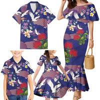 Hawaiian and Japanese Culture Together Family Matching Mermaid Dress and Hawaiian Shirt Blue Ohia Lehua Plumeria and Sakura Blooming LT03 - Polynesian Pride