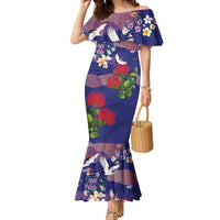 Hawaiian and Japanese Culture Together Family Matching Mermaid Dress and Hawaiian Shirt Blue Ohia Lehua Plumeria and Sakura Blooming LT03 Mom's Dress Blue - Polynesian Pride