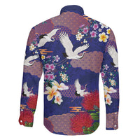 Hawaiian and Japanese Culture Together Family Matching Off The Shoulder Long Sleeve Dress and Hawaiian Shirt Blue Ohia Lehua Plumeria and Sakura Blooming LT03 - Polynesian Pride