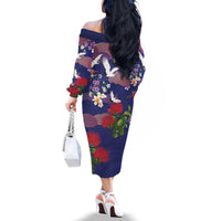 Hawaiian and Japanese Culture Together Family Matching Off The Shoulder Long Sleeve Dress and Hawaiian Shirt Blue Ohia Lehua Plumeria and Sakura Blooming - Polynesian Pride