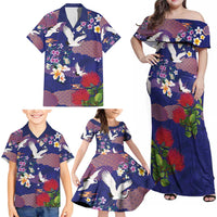 Hawaiian and Japanese Culture Together Family Matching Off Shoulder Maxi Dress and Hawaiian Shirt Blue Ohia Lehua Plumeria and Sakura Blooming - Polynesian Pride