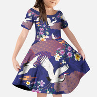 Hawaiian and Japanese Culture Together Family Matching Off Shoulder Short Dress and Hawaiian Shirt Blue Ohia Lehua Plumeria and Sakura Blooming LT03 Daughter's Dress Blue - Polynesian Pride