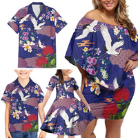 Hawaiian and Japanese Culture Together Family Matching Off Shoulder Short Dress and Hawaiian Shirt Blue Ohia Lehua Plumeria and Sakura Blooming LT03 - Polynesian Pride