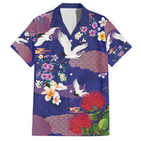 Hawaiian and Japanese Culture Together Family Matching Off Shoulder Short Dress and Hawaiian Shirt Blue Ohia Lehua Plumeria and Sakura Blooming - Polynesian Pride