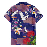 Hawaiian and Japanese Culture Together Family Matching Off Shoulder Short Dress and Hawaiian Shirt Blue Ohia Lehua Plumeria and Sakura Blooming - Polynesian Pride