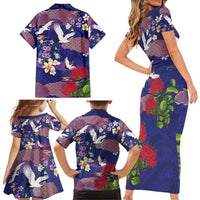 Hawaiian and Japanese Culture Together Family Matching Short Sleeve Bodycon Dress and Hawaiian Shirt Blue Ohia Lehua Plumeria and Sakura Blooming - Polynesian Pride