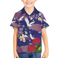 Hawaiian and Japanese Culture Together Family Matching Short Sleeve Bodycon Dress and Hawaiian Shirt Blue Ohia Lehua Plumeria and Sakura Blooming LT03 Son's Shirt Blue - Polynesian Pride
