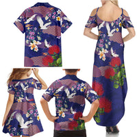 Hawaiian and Japanese Culture Together Family Matching Summer Maxi Dress and Hawaiian Shirt Blue Ohia Lehua Plumeria and Sakura Blooming - Polynesian Pride