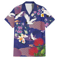 Hawaiian and Japanese Culture Together Family Matching Tank Maxi Dress and Hawaiian Shirt Blue Ohia Lehua Plumeria and Sakura Blooming LT03 Dad's Shirt - Short Sleeve Blue - Polynesian Pride