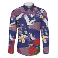 Hawaiian and Japanese Culture Together Family Matching Tank Maxi Dress and Hawaiian Shirt Blue Ohia Lehua Plumeria and Sakura Blooming LT03 Dad's Shirt - Long Sleeve Blue - Polynesian Pride