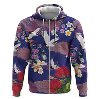 Hawaiian and Japanese Culture Together Hoodie Blue Ohia Lehua Plumeria and Sakura Blooming - Polynesian Pride