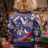 Hawaiian and Japanese Culture Together Kid Ugly Christmas Sweater Blue Ohia Lehua Plumeria and Sakura Blooming - Polynesian Pride