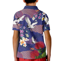Hawaiian and Japanese Culture Together Kid Polo Shirt Blue Ohia Lehua Plumeria and Sakura Blooming LT03 - Polynesian Pride