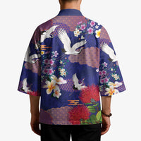 Hawaiian and Japanese Culture Together Kimono Blue Ohia Lehua Plumeria and Sakura Blooming - Polynesian Pride