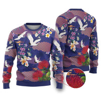 Hawaiian and Japanese Culture Together Ugly Christmas Sweater Blue Ohia Lehua Plumeria and Sakura Blooming - Polynesian Pride