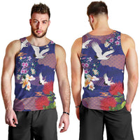 Hawaiian and Japanese Culture Together Men Tank Top Blue Ohia Lehua Plumeria and Sakura Blooming - Polynesian Pride