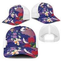 Hawaiian and Japanese Culture Together Mesh Trucker Cap Blue Ohia Lehua Plumeria and Sakura Blooming - Polynesian Pride