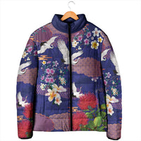 Hawaiian and Japanese Culture Together Padded Jacket Blue Ohia Lehua Plumeria and Sakura Blooming - Polynesian Pride