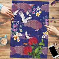 Hawaiian and Japanese Culture Together Puzzle Blue Ohia Lehua Plumeria and Sakura Blooming - Polynesian Pride
