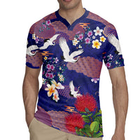 Hawaiian and Japanese Culture Together Rugby Jersey Blue Ohia Lehua Plumeria and Sakura Blooming - Polynesian Pride