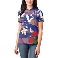 Hawaiian and Japanese Culture Together Women Polo Shirt Blue Ohia Lehua Plumeria and Sakura Blooming LT03 - Polynesian Pride