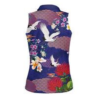 Hawaiian and Japanese Culture Together Women Sleeveless Polo Shirt Blue Ohia Lehua Plumeria and Sakura Blooming - Polynesian Pride