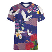 Hawaiian and Japanese Culture Together Women V-Neck T-Shirt Blue Ohia Lehua Plumeria and Sakura Blooming LT03 Female Blue - Polynesian Pride