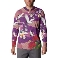 Hawaiian and Japanese Culture Together Button Sweatshirt Purple Ohia Lehua Plumeria and Sakura Blooming - Polynesian Pride