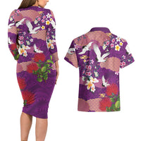 Hawaiian and Japanese Culture Together Couples Matching Long Sleeve Bodycon Dress and Hawaiian Shirt Purple Ohia Lehua Plumeria and Sakura Blooming LT03 - Polynesian Pride