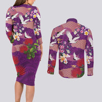 Hawaiian and Japanese Culture Together Couples Matching Long Sleeve Bodycon Dress and Long Sleeve Button Shirt Purple Ohia Lehua Plumeria and Sakura Blooming - Polynesian Pride