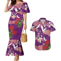 Hawaiian and Japanese Culture Together Couples Matching Mermaid Dress and Hawaiian Shirt Purple Ohia Lehua Plumeria and Sakura Blooming LT03 Purple - Polynesian Pride