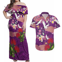Hawaiian and Japanese Culture Together Couples Matching Off Shoulder Maxi Dress and Hawaiian Shirt Purple Ohia Lehua Plumeria and Sakura Blooming LT03 Purple - Polynesian Pride
