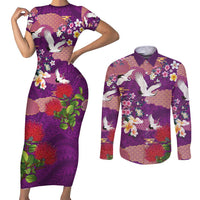Hawaiian and Japanese Culture Together Couples Matching Short Sleeve Bodycon Dress and Long Sleeve Button Shirt Purple Ohia Lehua Plumeria and Sakura Blooming - Polynesian Pride