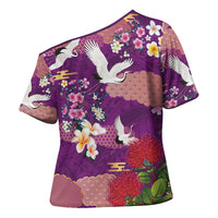 Hawaiian and Japanese Culture Together Cross Shoulder Shirt Purple Ohia Lehua Plumeria and Sakura Blooming - Polynesian Pride