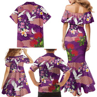 Hawaiian and Japanese Culture Together Family Matching Mermaid Dress and Hawaiian Shirt Purple Ohia Lehua Plumeria and Sakura Blooming LT03 - Polynesian Pride