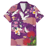 Hawaiian and Japanese Culture Together Family Matching Mermaid Dress and Hawaiian Shirt Purple Ohia Lehua Plumeria and Sakura Blooming - Polynesian Pride