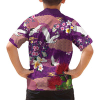 Hawaiian and Japanese Culture Together Family Matching Off The Shoulder Long Sleeve Dress and Hawaiian Shirt Purple Ohia Lehua Plumeria and Sakura Blooming LT03 - Polynesian Pride