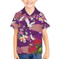 Hawaiian and Japanese Culture Together Family Matching Off The Shoulder Long Sleeve Dress and Hawaiian Shirt Purple Ohia Lehua Plumeria and Sakura Blooming - Polynesian Pride