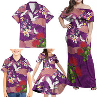 Hawaiian and Japanese Culture Together Family Matching Off Shoulder Maxi Dress and Hawaiian Shirt Purple Ohia Lehua Plumeria and Sakura Blooming LT03 - Polynesian Pride