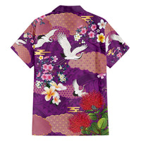 Hawaiian and Japanese Culture Together Family Matching Off Shoulder Short Dress and Hawaiian Shirt Purple Ohia Lehua Plumeria and Sakura Blooming - Polynesian Pride