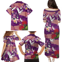 Hawaiian and Japanese Culture Together Family Matching Puletasi and Hawaiian Shirt Purple Ohia Lehua Plumeria and Sakura Blooming LT03 - Polynesian Pride