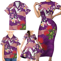Hawaiian and Japanese Culture Together Family Matching Short Sleeve Bodycon Dress and Hawaiian Shirt Purple Ohia Lehua Plumeria and Sakura Blooming LT03 - Polynesian Pride