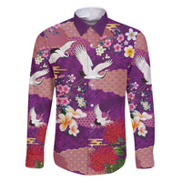 Hawaiian and Japanese Culture Together Family Matching Tank Maxi Dress and Hawaiian Shirt Purple Ohia Lehua Plumeria and Sakura Blooming LT03 Dad's Shirt - Long Sleeve Purple - Polynesian Pride