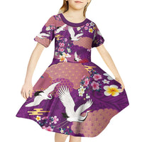 Hawaiian and Japanese Culture Together Kid Short Sleeve Dress Purple Ohia Lehua Plumeria and Sakura Blooming - Polynesian Pride